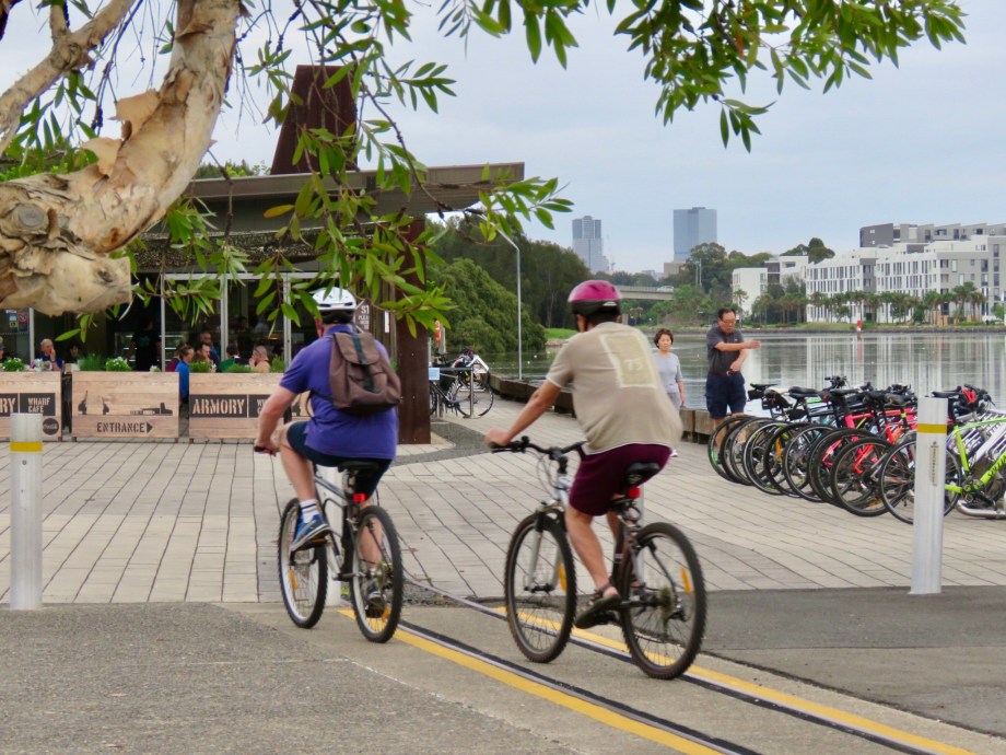 Cyclists near the Armory Cafe at Newington