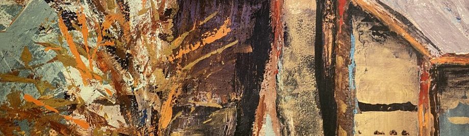 Snippet of painting of an old house by Linda Hine