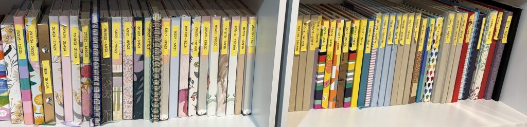 Shelf of writing journals